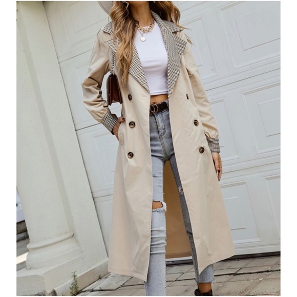 Bellanblue Jackets & Blazers - Classic Khaki Plaid Collar Long Trench Coat Winter